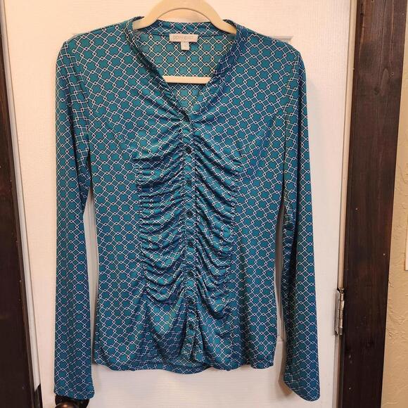 DownEast Tops - Downeast Women's Teal Long Sleeve Blouse with Rouching- Size Small